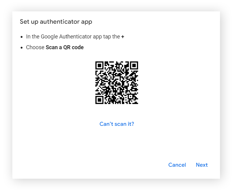 设置 Google Authenticator 的 QR 码画面
