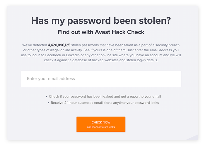 Avast Hack Check是检查你的信息是否泄露的快速免费资源。